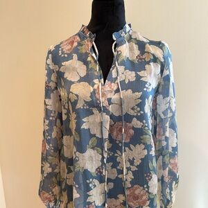 Mango Blue Tie Front Long Sleeve Blouse